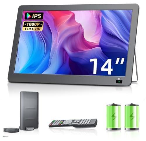 Desobry Nuovo televisore portatile da 14,2 pollici, piccolo televisore 1080P, TV mobile con batteria e sintonizzatore DVB-T2, ingresso USB HDMI AV, TV portatile per auto per campeggio, camper, cucin