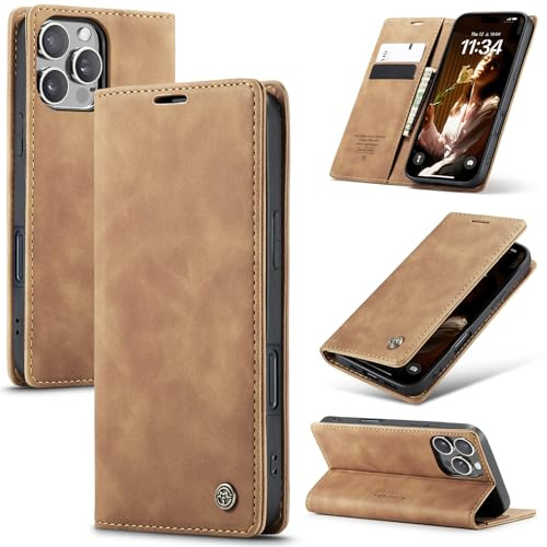 Azororo Handyhülle für iPhone 16 Pro 5G Hülle Premium Lederhülle Flip Case Magnet Tascher Kartenfach Standfunktion Klapphülle Schutzhülle für iPhone 16 Pro, Braun