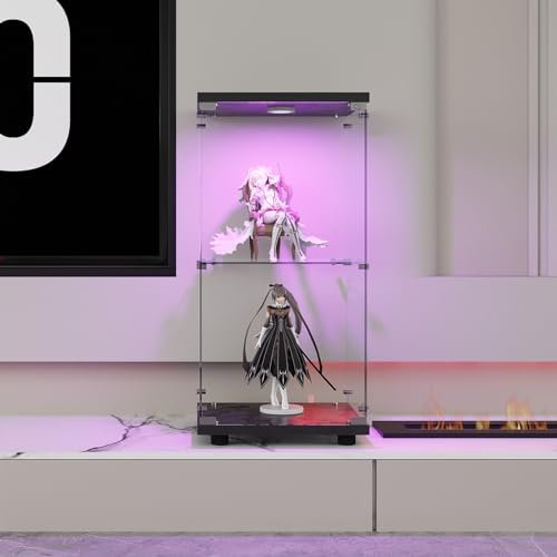LLODERY Glasvitrine vertikal, 86 x 43 x 37 cm, zweistöckig, Eckschrank mit LED-Beleuchtung und Schloss, für Sammlungen, Wein, Wohnzimmer, Büro (schwarz)