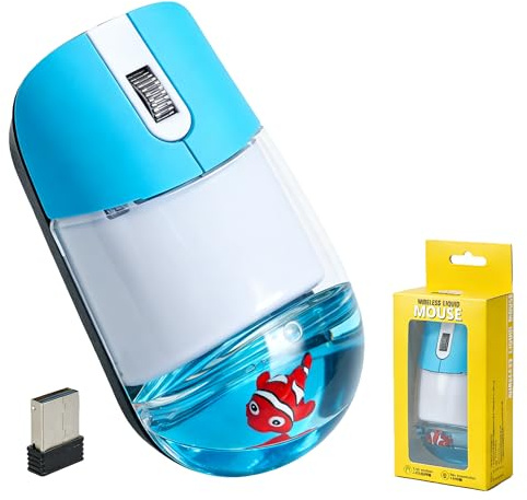 Souris Sans Fil Liquide Mignonne, Silencieuse Légère Portable Transparente Optique Rétro Aqua Souris avec Poisson Clown Flottant, pour PC Ordinateur Portable MacBook, Cadeau pour Enfants Adultes-Bleu