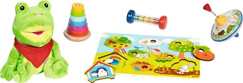 goki 6582 Geschenkset Bunte Wiese – 5-teiliges Spielset für Kinder ab 18 Monaten mit Handpuppe Frosch Frilo, Brummkreisel Auf der Lichtung, Stapelturm, Regenmacher & Steckpuzzle Im Garten