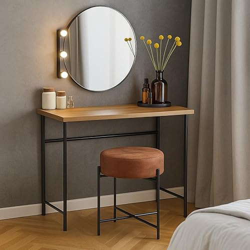 URBNLIVING Brown Faux Leather Stool – Round Padded Seat, Metal Legs, Dressing Table Chair, Vanity Seat for Bedroom & Bathroom