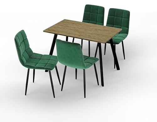 URBNLIVING 110cm Dining Table & 4 Velvet Chairs Set – Modern Metal Frame Kitchen Furniture, Contemporary Dining Room Set - Oak Table Green Chair