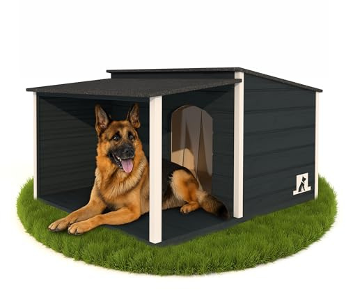 Outentin Hundehütte Isoliert Winterfest XL - Hundehaus mit Flachdach & Terrasse Für Große Hunde - Stabile Hütte für Draußen - Wetterfest Haus mit Wärmedämmung - 123 x 105 x 73 cm - Anthrazit