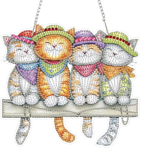 AIRDEA DIY Cute Cats Bench Diamond Art Ornament Kit for Adults, Double-Sided Colorful Bandanas Diamond Painting Hanging Kit, DIY Acrylic Special Shaped Drills Hanging Suncatcher