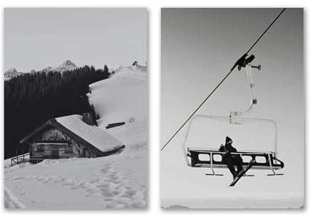 SALVADERO Winter & Ski Poster Set – Schwarz-Weiß Fotos, Berge & Schnee Wanddeko ohne Rahmen (2er Set - Skifahrer, 70L x 50B cm)