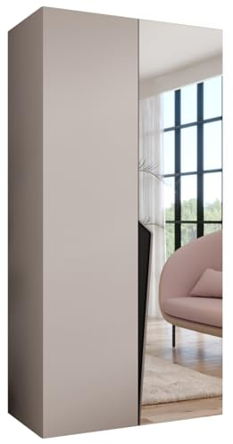 MEBLE KRYSPOL - Kleiderschrank - Garderobenschrank - 100 cm x 202 x 52 cm - Schrank mit Kleiderstange und Spiegel, 2 Türen - für Schlafzimmer, Flur - Piano, Kaschmir, Griff Schwarz