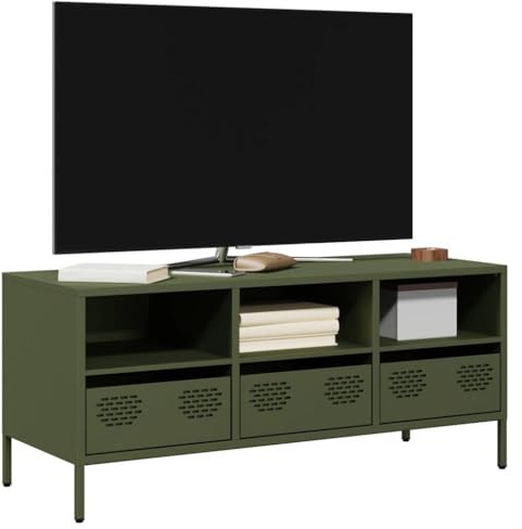 mtlskopl TV Lowboard Olivgrün aus kaltgewalztem Stahl 101,5x39x43,5 cm, Industrie-Design TV-Schrank mit 3 Fächern und Schubladen, robust und platzsparend für Wohnzimmer und Schlafzimmer