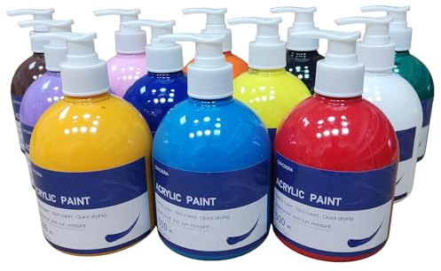 Qingsera Juego de pintura acrílica de 12 colores (500 ml), botellas exprimibles con bomba, pigmento rico, sobre rocas, lienzo, manualidades, madera, cerámica, tela, artistas, para principiantes y