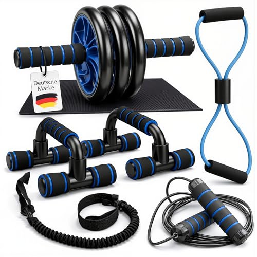 Bauchroller 7-in-1 Fitness Set AB Wheel Liegestützgriffe Push Up Bars, Springseil, Widerstandsband, Fußschlaufen Bauchtrainer für Zuhause Calisthenics Equipment, Sportgeräte Zuhause Home Gym Equipment