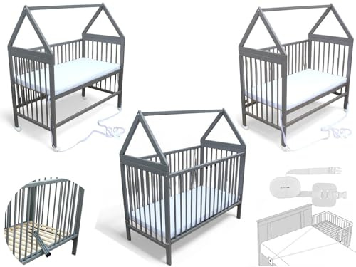 Micoland Kinderbett - Beistellbett - Babybett 120x60 cm umbaubares Bett mit Gurt, Rädern und optional Matratze (Haus mit Matratze grau)