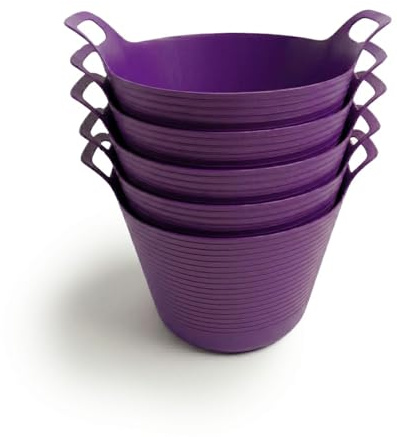 ORGANIZED Flexi Tub Set of 5, 40L Large Heavy Duty Flexible Bucket, Multi-Purpose Garden, Builder and Storage Container (Purple)