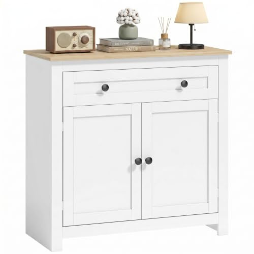 HOMCOM Sideboard Küchenschrank, mit Schublade, 78,5 x 35 x 80 cm Weiß | Doppeltür, Verstellbarer Einlegeboden, Moderner Aufbewahrungsschrank, für Wohnzimmer, Schlafzimmer