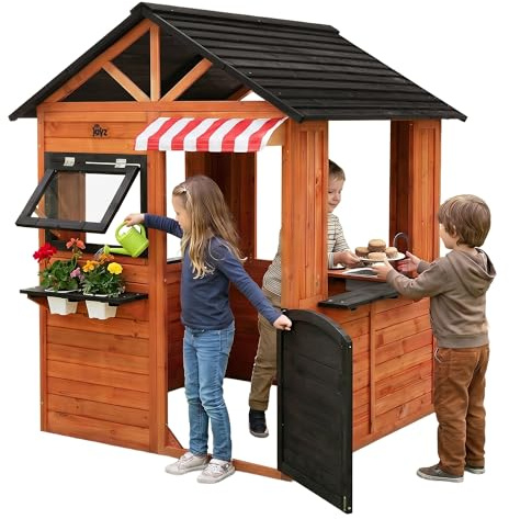 Joyz Kinderspielhaus aus Tannenholz massiv, Spielhaus mit Spiel- und Matschküche, Kinderhaus Outdoor mit Tür, 4 Fenstern & 2 Blumentöpfe, Gartenhaus wetterfest, Gartenspielhaus für Kinder ab 3 Jahren