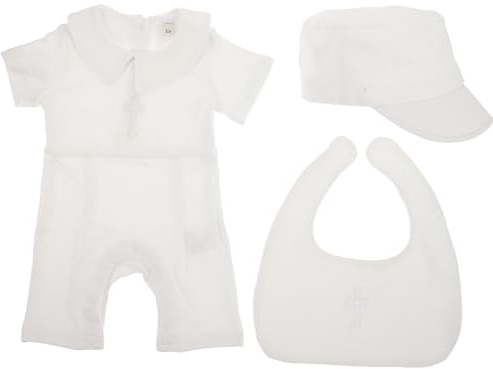Housoutil 1 set vitt dopdräkt till babypojke - enfärgade vita spädbarnsdräkter med haklapp och mössa - för kyrkan och speciella tillfällen storlek 59 cm