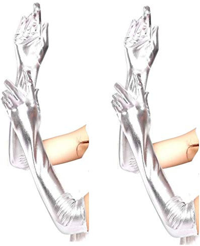 krautwear® Damen Finger 2 Paar Handschuhe 2 Paar Glitzer Metallic ca. 44 cm Lang Gold Silber (2x BL9127-silber)
