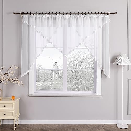 HongYa Kuvertstore transparenter Voile Gardine mit Satinbänder Kräuselband Vorhang H/B 145/600 cm Weiß