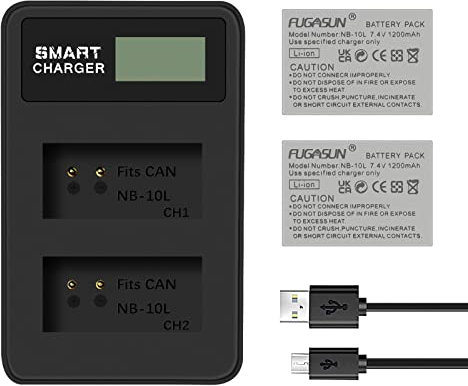 FUGASUN 2 pcs 1200 mAh NB-10L NB10L Batterie avec Chargeur LCD Double Chargeur de Batterie pour Canon NB-10L NB10L NB 10L G1X G15 G16 SX40HS SX50HS SX60HS SX40 SX50 SX60 HS