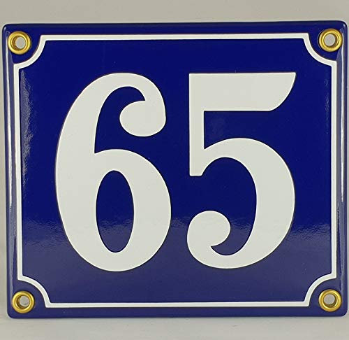 Targa smaltata, numero civico 65, colore blu/bianco, realizzata a mano