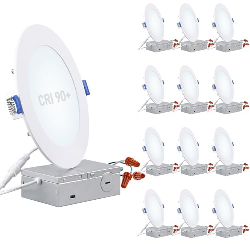TORCHSTAR Basic Series 12-Pack 6 Inch Ultra-Thin LED Recessed Lighting with Junction Box, CRI90, Aluminum, 5000K Daylight, 5%-100% Dimmable Slim Recessed Downlight, 12W 1100LM, ETL and Energy Star