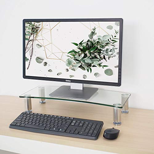Monitor Stand Riser – Height Adjustable Desk Stand | Clear Curved Glass & Aluminum Legs | Screen Riser for Monitors, Laptops & TVs (56 x 24 cm, 1 Unit, Clear