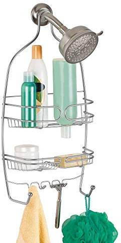 iDesign Neo étagère douche, rangement à suspendre en métal à trois paniers et deux crochets pour shampooing, gel douche, gants et rasoirs, argenté