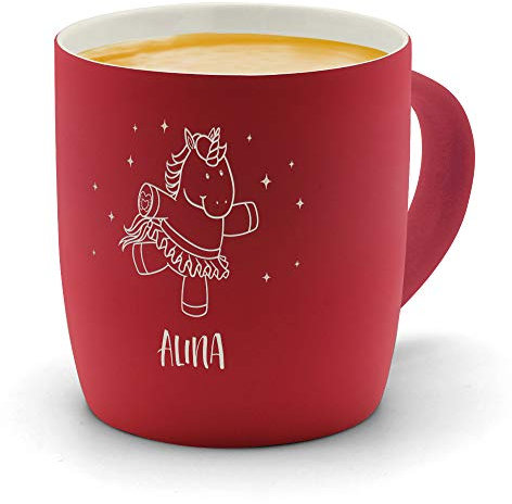 printplanet - Kaffeebecher mit Namen Alina graviert - SoftTouch Tasse mit Gravur Design Einhorn - Matt-gummierte Oberfläche - Farbe Rot