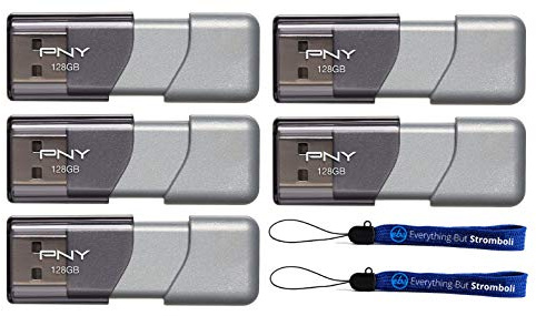 PNY Elite Turbo Attache 3 USB-Stick (128 GB, USB 3.0, 5er-Pack) Modell P-FD128TBOP-GE Bundle mit (2) Everything But Stromboli Schlüsselband