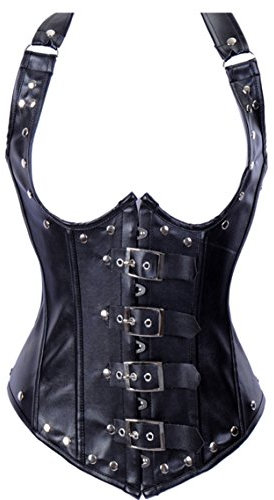 Jutrisujo Korsage Kunstleder Unterbrust Korsett Steampunk Leder Corsage Reissverschluss Halbbrust Corset Stahlstäbchen Schwarz 6XL