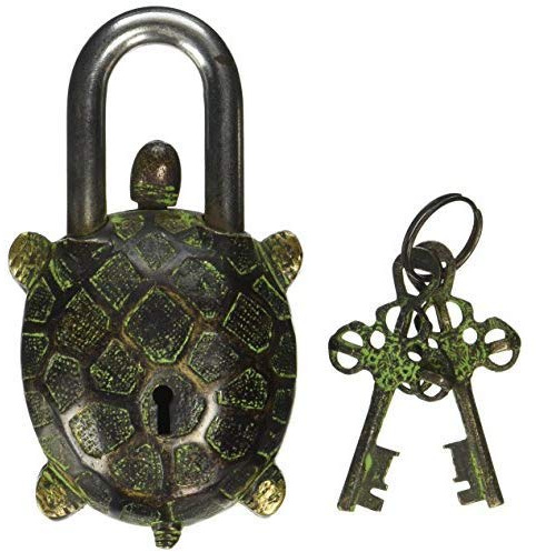 Messing-Vorhängeschloss – Schloss mit Schlüsseln – funktionsfähig – aus Messing – Typ: (Schildkröte – Vintage-Finish)