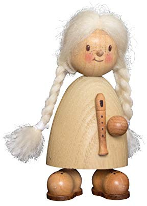 Kuhnert Drechslerei Dekoration/Holzfigur aus Massivholz mit Schafwollfrisur - Finn & Finja - Motiv: Finja mit Flöte - Höhe: ca. 9cm - Made in Germany