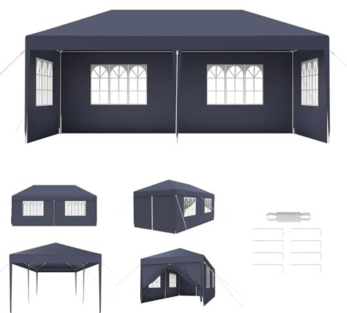 AufuN Pavillon Wasserdicht FaltFaltpavillon mit 4 Seitenwände Gartenpavillon Faltzelt Polyethylen Bierzelt Tür mit Reisverschluss für Garten Party Hochzeit Picknick Markt (3 x 6m, Dunkelgrau)
