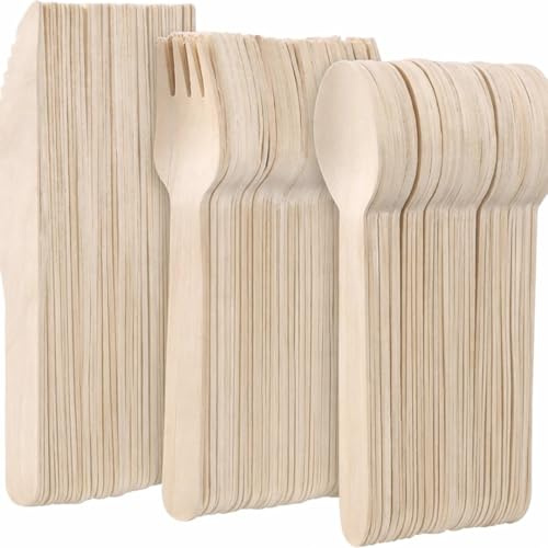 Wooden Cutlery Set 300 Piece – 100 Knives, 100 Forks & 100 Spoons – Birchwood Disposable Eco Friendly Utensils for Parties, Catering, BBQ, Takeaway & Events – Strong & Smooth Finish
