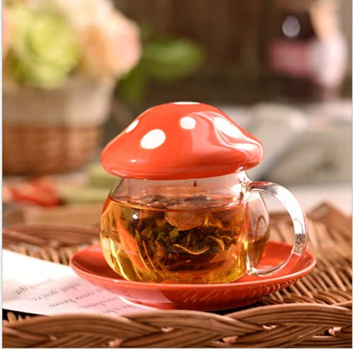 Niedliches Teetassen-Set mit Pilz-Teekanne, Milchglas, Kaffee, Tee, Tassen mit Deckel und Tablett, Sieb, Filter-Infuser (290 ml) (rot)