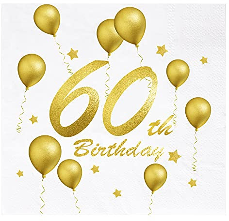 Servietten 60. Geburtstag Gold - 33x33 cm, 20 Stück Happy Birthday für Frau Mann - 60iger Deko Tischdeko Sparkling Celebration