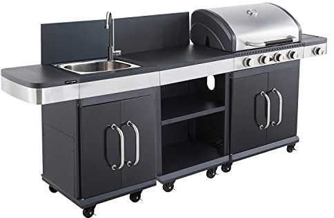 Cook'in Garden Cuisine extérieure modulable FIDGI 4 - Barbecue au gaz 4 brûleurs avec thermomètre, Meuble d'appoint desserte et évier