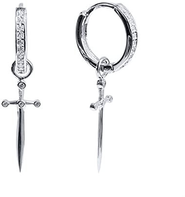 Dagger Hoop Cuff Earrings S925 Sterling Silver Cubic Zirconia Hypoallergenic Cartilage Earrings Huggie Ear Piercing Dangle for Women Girls BFF Stylish Jewelry Gift Valentine' s Day (Silver)