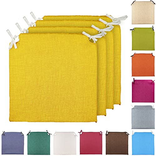 TIENDA EURASIA® Pack 4 Cojines para Sillas - Estampados Lisos con 2 Cintas de Sujeción - Ideal para Interiores y Exteriores - 40 x 40 x 3 cm (Amarillo)