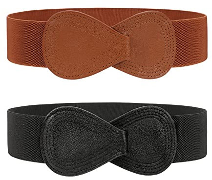 WERFORU 2 Stücke Damen Breit Elastischer Gürtel Frauen Stretchy Taillengürtel Mode Cinch für Kleider Schwarz/Braun