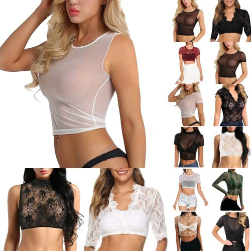 Dasongff Damen Mesh Top Netz Shirt Sexy Transparent Sommertops Oberteile Dirndl Top Luftiges Untershirt Durchsichtige Gaze Crop Tops Unterwäsche Blusen Langarm Fasching Partytop