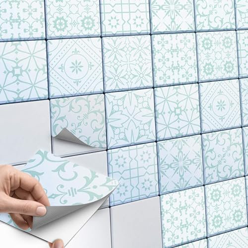 40 Stück Fliesenaufkleber, Mosaikfliesen 10x10 cm für Küche und Bad - Fliesenfolie, Klebefliesen selbstklebend - SET // Design: Türkise Ornamente