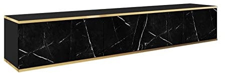 Hängendes TV Schrank - Modernes Design mit Push-to-Open-Funktion. Farbe: Schwarz/Marmor Black Royal , D: L: 175 cm, H: 30 cm, T: 32 cm. TV Lowboard, TV Board, TV Sideboard Hängend, Wandschrank hängend