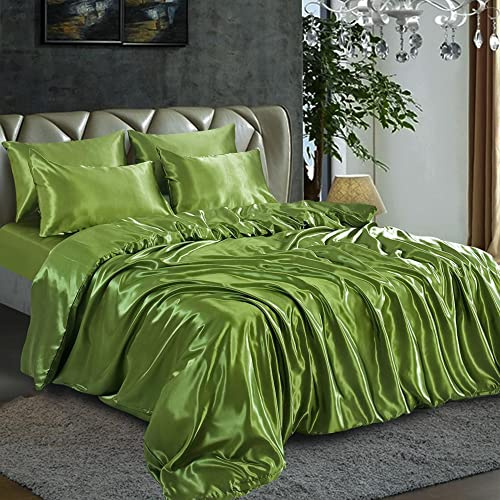 6PCS Satin Duvet Cover Bedding Set Plain Luxury Soft Bed Set Include (1xDuvet Cover, 1xFitted Sheet, 4xHousewife Pillow Case) (Double, Olive Green)-(Same Day Dispatch)