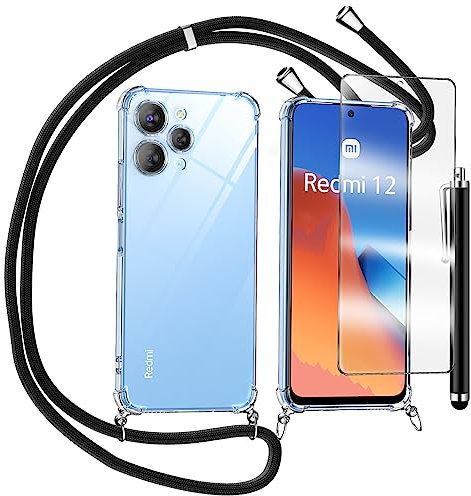 TTSWJBD Handykette für Xiaomi Redmi 12 Hülle mit Displayschutzfolie Schutzfolie, Necklace mit Abnehmbar Kordel zum Umhängen Transparent Silikon mit Band in Schwarz