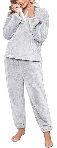 RITOSTA Pigiama Donna Invernale Felpato Caldo di Pile Morbido - Set Lungo Due Pezzi con Felpa e Pantalone (Grigio Chiaro, M)