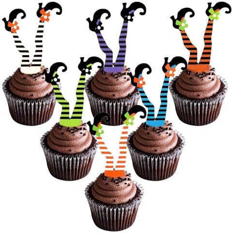 VIKY® 24 Stück Halloween Cupcake Toppers Set, Hexen Beine Kuchen Deko, Party Muffins Tortendeko, Motto Partyzubehör