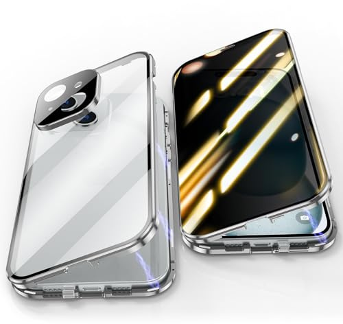 Jonwelsy Anti Peeping Case for iPhone 15 Plus (6.7), 360 Degree Front and Back Privacy Tempered Glass Cover, Anti SPY Screen, Anti Peep Magnetic Adsorption Metal Bumper for iPhone 15+ (Silver)