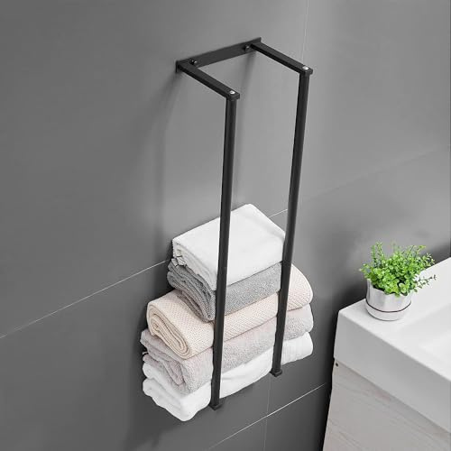 Porte-serviettes mural en acier inoxydable pour serviettes enroulées et pliées – Support en métal pour un rangement et une organisation faciles des gants de toilette (noir)
