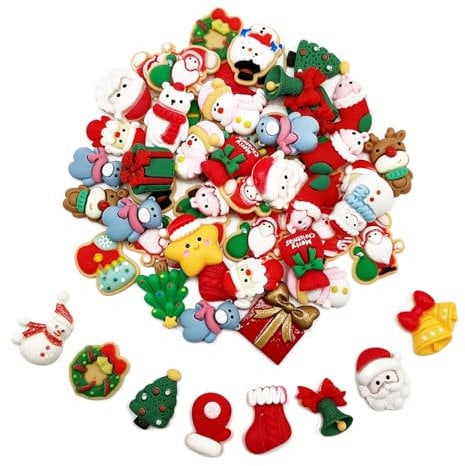 SKHAOVS 60 Stück Weihnachten Miniatur Ornamente, Harz Figuren Santa Schneemann Baumglocke Harz Dekoration Schmuckherstellung Charms Anhänger für Handyhülle DIY Handwerk
