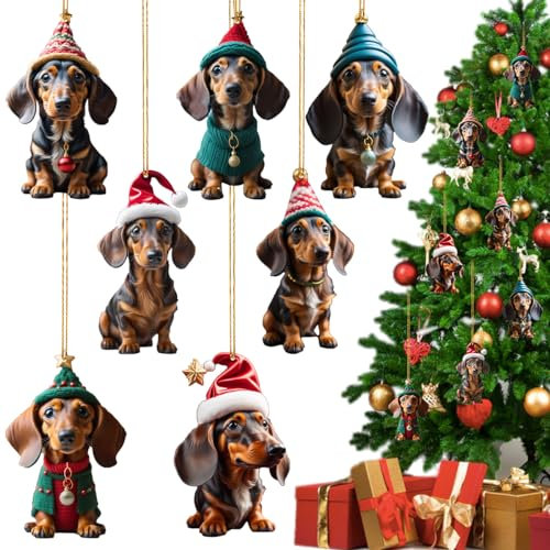 Adorno de Navidad de Perro Salchicha, 7 Piezas 2D Dachshund Decoración Navideña, Colgante Acrílico para Salchicha, Adornos para Colgar El Árbol De Navidad De Perros Divertidos